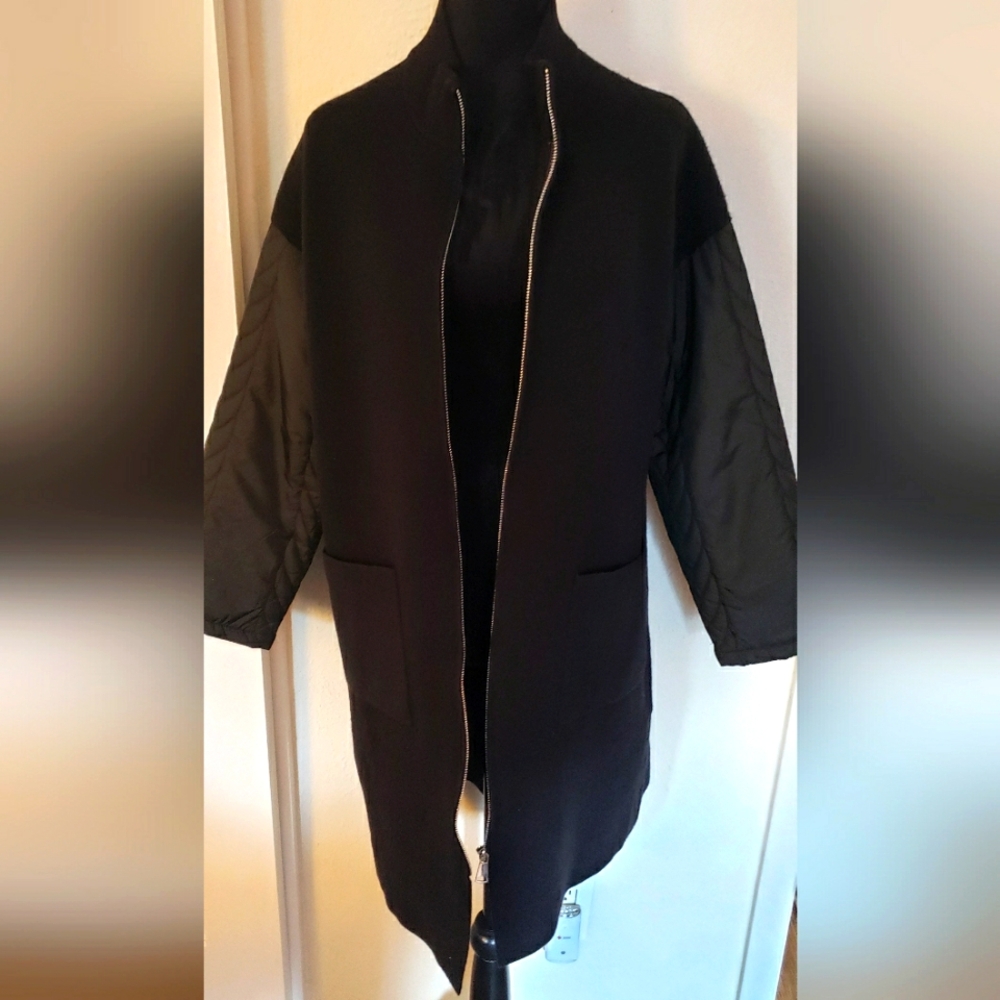 Strazzi Wool Feel Coat With Puffer Sleeves And Front Pockets